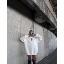 Oversize Üç Iplik Bisiklet Yaka Baskılı Sweatshirt - Beyaz