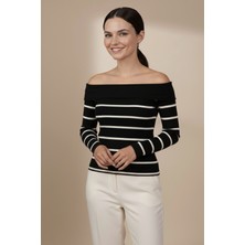 Evolaria Kadın Siyah - Beyaz Çizgili Madonna Yaka Bluz