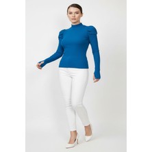 Evolaria Balıkçı Yaka Parmak Geçmeli Kaşkorse Prenses Kol Bluz - Saks Mavi