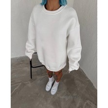 Kışlık Bisiklet Yaka Üç Iplik Basic Sweatshirt - Beyaz