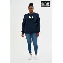 Superlife Kadın Büyük Beden Ny Newyork Baskılı Bisiklet Yaka Ince Sweatshirt SPR26BSWK956-15