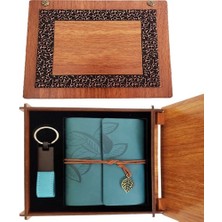 Sesengo  Ahşap Kutulu Mavi Deri Defter ve Anahtarlık Set
