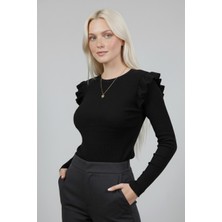 Evolaria Siyah Kaşkorse Uzun Kollu Fırfırlı Omuz Detaylı Pamuklu Ribana Bluz