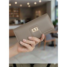 Purpleart Kadın Bej Kilit Kapamalı Büyük Boy Yatay Cüzdan 10X16CM