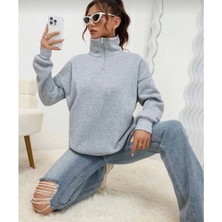Unisex Uzun Kol Yarım Farmuarlı Yakalı Basic Sweatshirt - Gri