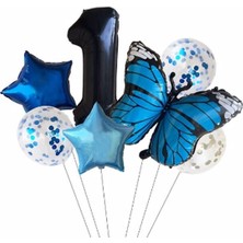 İstoç Parti Mavi Kelebek Balon Set Yıldız Balon Folyo Set Doğum Günü Set Yaş 1