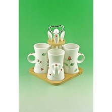 Bursa Porselen Dekor Kırmızı Gül Bambu Standlı Porselen Kupa Takımı