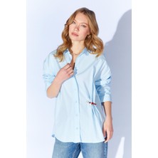 Tena Kadın Mavi Önü Kısa Arkası Uzun Oversize Poplin Gömlek