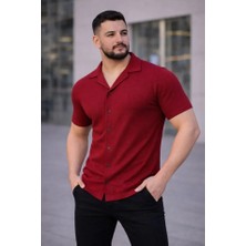 Fresco Scarfs Erkek Waffle Kumaş Kısa Kollu Düğmeli Açık Yaka Regular Fit Gömlek - Kırmızı
