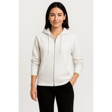 Kadın Üç Iplik Kapüşonlu Tam Fermuarlı Kanguru Çepli Sweatshirt Hoodie - Beyaz