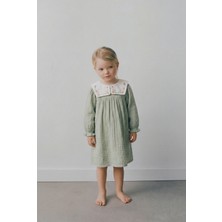 Magu Kız Çocuk Pamuklu Müslin Yeşil Nakışlı Gömlek Yaka Elbise