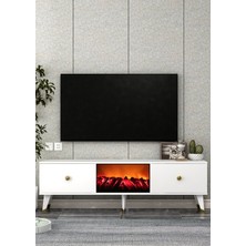 Demonte Decor TV0052-TXA150DD-1 Şömineli Tv Sehpası Beyaz-Altın Kulp