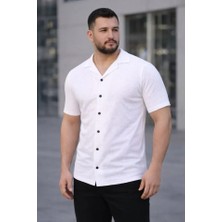 Fresco Scarfs Erkek Waffle Kumaş Kısa Kollu Düğmeli Açık Yaka Regular Fit Gömlek - Beyaz