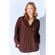 Tena Kadın Kahve Önü Kısa Arkası Uzun Oversize Poplin Gömlek