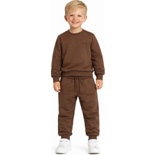 Zepkids Bisiklet Yaka Yazı Baskılı Kahve Rengi Erkek Çocuk Eşofman Takımı