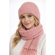 yucian Triko Örgü Atkı Bere Pembe Desenli