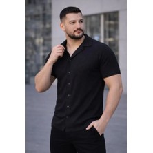 Fresco Scarfs Erkek Waffle Kumaş Kısa Kollu Düğmeli Açık Yaka Regular Fit Gömlek - Siyah