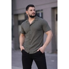 Fresco Scarfs Erkek Waffle Kumaş Kısa Kollu Düğmeli Açık Yaka Regular Fit Gömlek - Haki