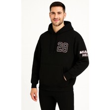 Erkek Kapşonlu Sweatshirt – Üç Iplik Şardonlu Kumaş, Oversize Fit, Ön & Arka Baskılı, Kanguru Cepli, Kışlık Rahat Hoodie - Siyah