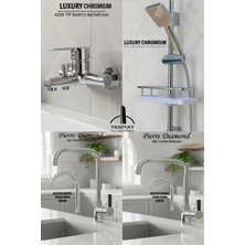 Tesitay 4 Lü Lüks Batarya Duş Takımı Geniş Şampuanlıklı Sürgülü Duş Banyo Lavabo Mutfak Muslukları Krom Renk