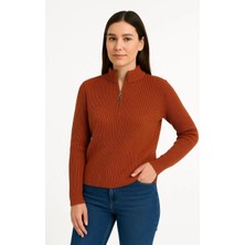 Kadın Yarım Fermuarlı Triko Kazak – Selanik Örgü, Dik Yaka, Pamuklu Dokuma, Oversize Uzun Kollu Kışlık Model - Kiremit