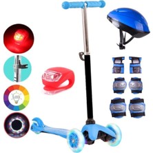 PremiumPort 3 Tekerlekli LED Işıklı Boy Ayarlı Mavi Scooter ve Kask Dizlik Seti