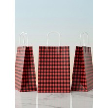 e ERTA Kırmızı/siyah Ekose Kraft Çanta 25X31 cm -25 Adet- Hediye Poşeti , Hediye Paketi Kraft Kağıt Çanta