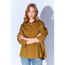 Tena Kadın Haki Önü Kısa Arkası Uzun Oversize Poplin Gömlek