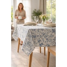 Rona Home Mavi Beyaz Floral Desenli Masa Örtüsü %100 Kaliteli Dokuma Kumaş Şık Dikim Salon Mutfak Örtüsü