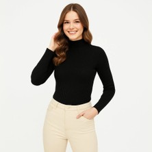 Kadın Tam Boğazlı Fitilli Likrali Koşkorse Badi - Siyah