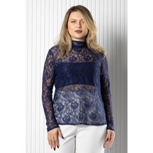 Modaviki Dantel Transparan Bluz Lacivert MDV990