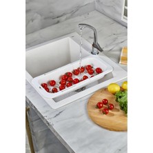 Mutfak Köşesi Sürgülü Ayarlanabilir Pratik Lavabo Süzgeci, Uzun Kısa Ayarlı Evye, Meyve Sebze Salata Yıkama Beyaz