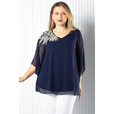 Modaviki Tek Omuz Işlemeli Şifon Bluz  Lacivert MDV972