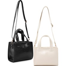 SHAKA Kırışık Dokulu Siyah-Kırışık Dokulu Krem SHK282 Set ,suni Deri Fermuarlı ,2'li El ve Omuz Çanta Seti