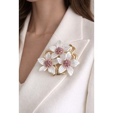 Modex Altın Sarısı Pembe Taşlı Yonca Çiçek Broş (4cm)