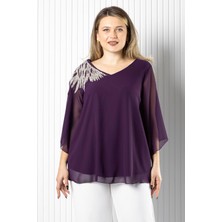 Modaviki Tek Omuz Işlemeli Şifon Bluz  Mor MDV972