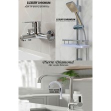 Tesitay 3 Lü Lüks Batarya Duş Takımı Geniş Şampuanlıklı Sürgülü Duş Banyo Lavabo Muslukları Krom Renk