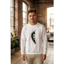 Sevgililer Günü Özel Bisiklet Yaka Aslan Baskılı Oversize Sweatshirt - Beyaz