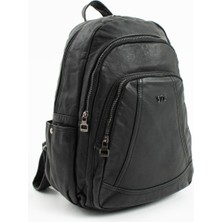 Duomino Siyah Çok Cepli Poliüretan Yıkama Deri Sırt Çantası Günlük Çanta Sırt Çantası