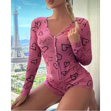 Evrenial Pamuklu Pembe Siyah Kalp Desenli Düğmeli Uzun Kol Tulum Pijama