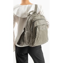 Duomino Gri Çok Cepli Poliüretan Yıkama Deri Sırt Çantası Günlük Çanta Sırt Çantası