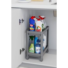 Mutfak Köşesi 2 Katlı Tekerlekli Düzenleyici, Banyo Rafı, Mutfak Tezgah ve Evye Altı, Deterjanlık Raf Gri