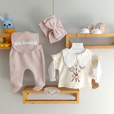 Minicayzen Cayzen Yakası Dantelli Kabartma Nakışlı Waffle 5li Zıbın Set Pudra