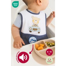 Bebekevi Düdüklü Cepli Sıvama Mama Önlüğü - Arabalı Ayıcık Mavi Bebek Önlük