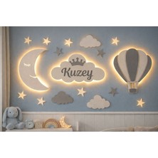 Diyar Tasarım Isimli Bebek Odası Duvar Süsü – Ahşap Bulut Ay ve Balon – LED Işıklı Dekor