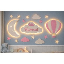 Diyar Tasarım Isimli Bebek Odası Duvar Süsü – Ahşap Bulut Ay ve Balon – LED Işıklı Dekor
