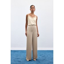Sateen Lisa Kemer Detaylı Saten Pantolon - Taş