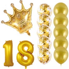 İstoç Parti 18 Yaş Kral Taçlı Gold Konfetili Şeffaf Balon Seti