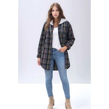Mamayaga Kadın Desen Bloklu Oduncu Oversize Geniş Kalıp Casual Cepli Kapüşonlu Uzun Boy Ceket Gömlek