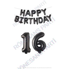 İstoç Parti Happy Bırthday Siyah Renk Folyo Balon ve Rakam Seti Yaş 16
